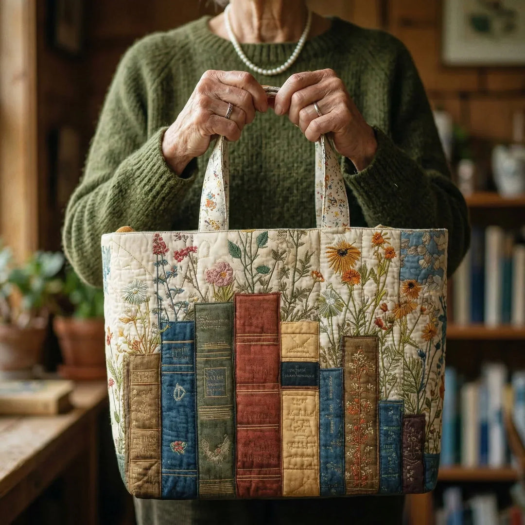 Borsa shopper trapuntata con libri e fiori