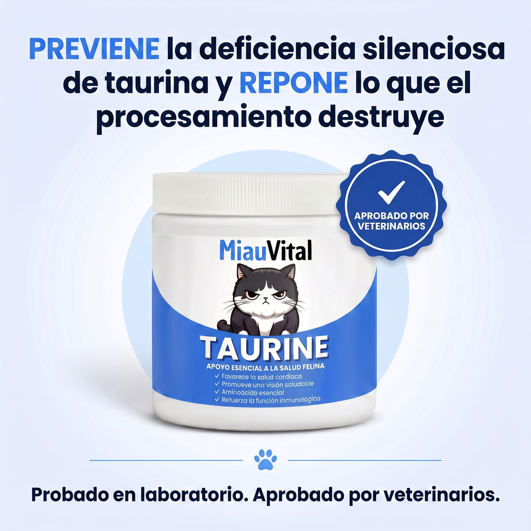 Evita una deficiencia silenciosa antes de que aparezcan los síntomas con el suplemento de taurina MiauVital™