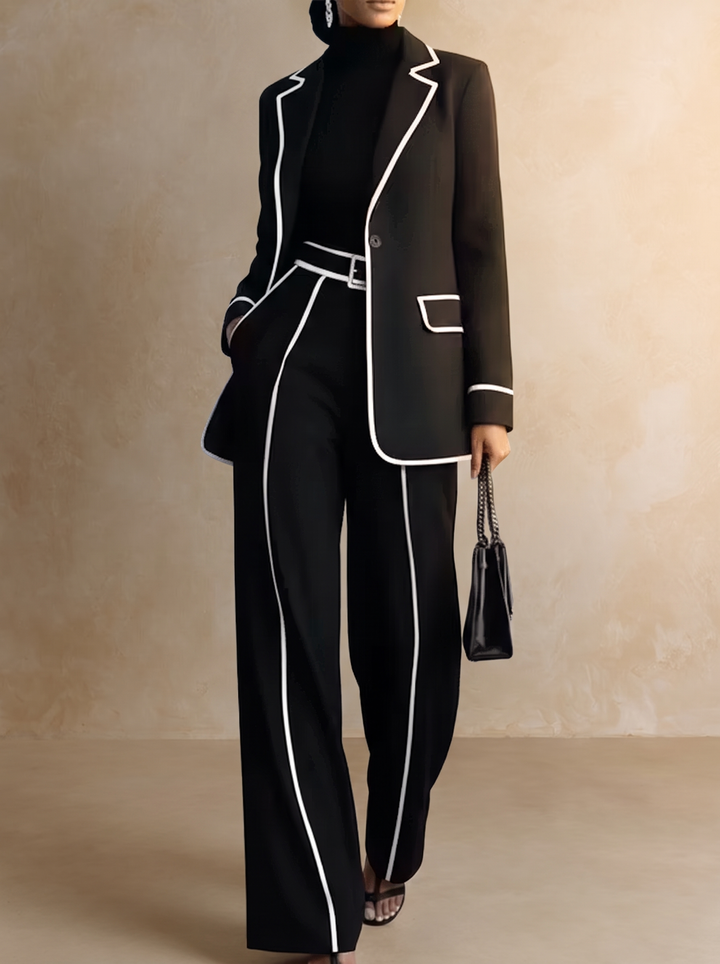 Claudia | Completo due pezzi con blazer rifinito con bordino nero a contrasto e pantaloni a gamba larga