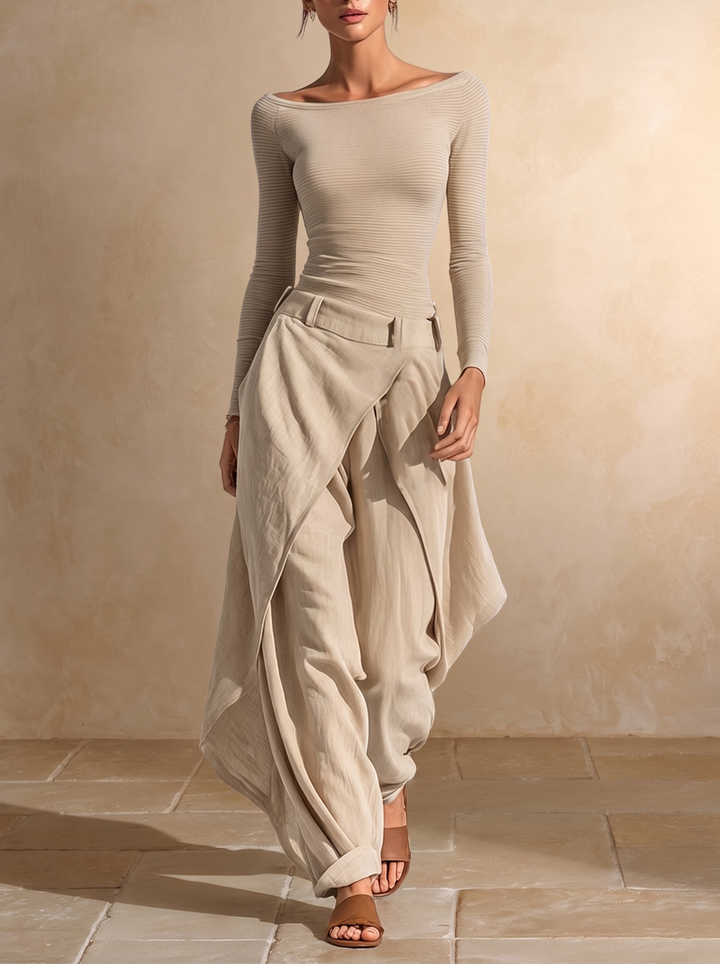 Giuliana | Completo beige con top a scollo a barca e pantaloni a gamba larga a strati