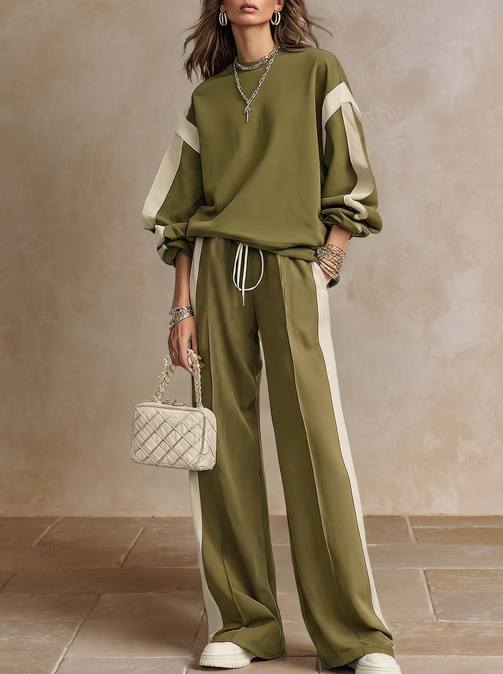 Sonia | Completo casual verde oliva con felpa girocollo e pantaloni ampi con coulisse