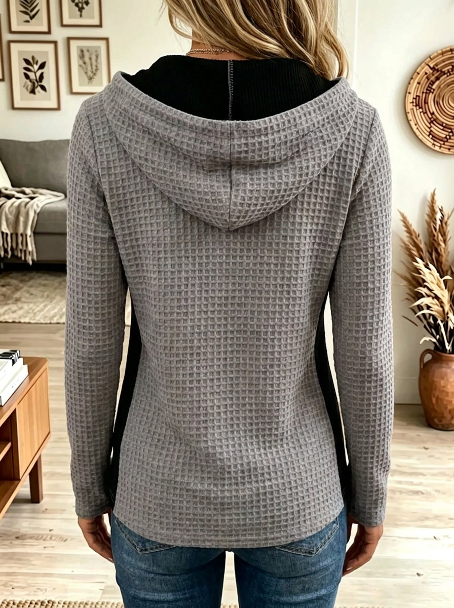 Rosa | Felpa con cappuccio da donna in maglia waffle color block con abbottonatura Henley