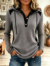 Rosa | Felpa con cappuccio da donna in maglia waffle color block con abbottonatura Henley