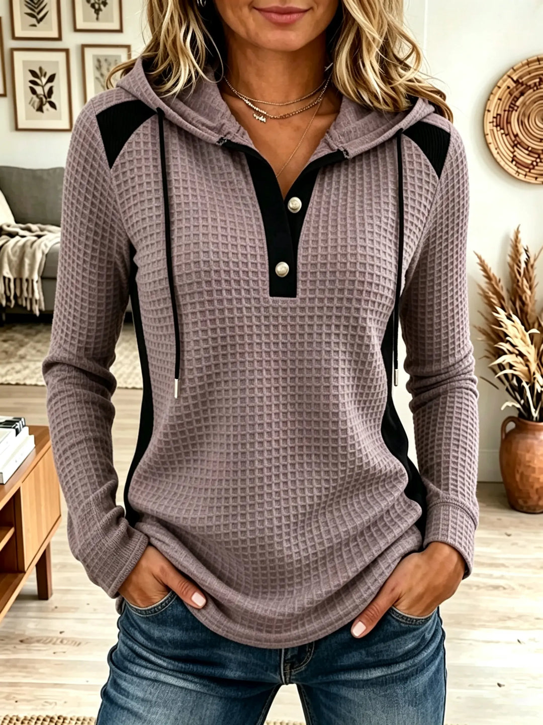 Rosa | Felpa con cappuccio da donna in maglia waffle color block con abbottonatura Henley